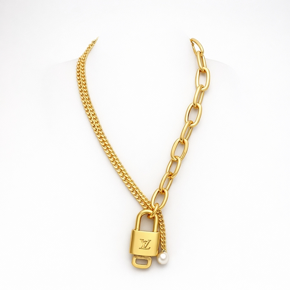 Authentic Louis Vuitton Lock & Key w/ Unbranded Stainless Real Pearl Necklace